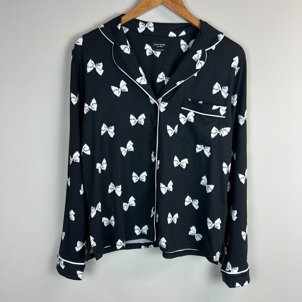 Kate Spade Pajama Top Womens Small Black White Bow Button Up Stretch Knit Comfy
